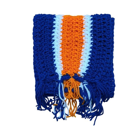 NEW Handmade Crochet Scarf With Blue Orange & White Stripes - Picture 1 of 2